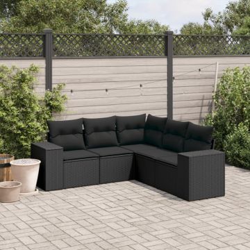 Set mobilier de grădină cu perne, 5 piese, negru, poliratan