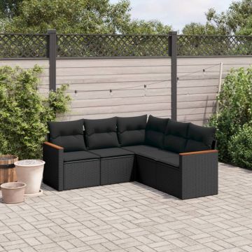 Set mobilier de grădină cu perne, 5 piese, negru, poliratan