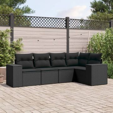 Set mobilier de grădină cu perne, 5 piese, negru, poliratan