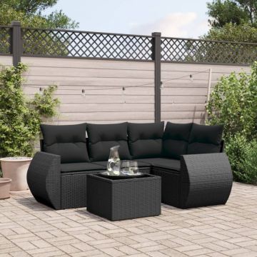 Set mobilier de grădină cu perne, 5 piese, negru, poliratan