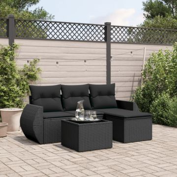 Set mobilier de grădină cu perne, 5 piese, negru, poliratan