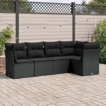 Set mobilier de grădină cu perne, 5 piese, negru, poliratan