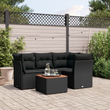 Set mobilier de grădină cu perne, 5 piese, negru, poliratan