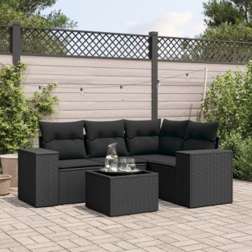 Set mobilier de grădină cu perne, 5 piese, negru, poliratan