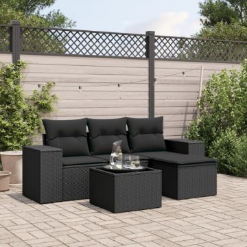 Set mobilier de grădină cu perne, 5 piese, negru, poliratan