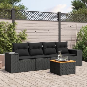 Set mobilier de grădină cu perne, 5 piese, negru, poliratan