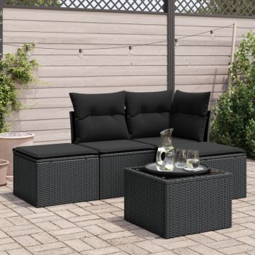 Set mobilier de grădină cu perne, 5 piese, negru, poliratan