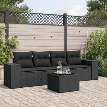 Set mobilier de grădină cu perne, 5 piese, negru, poliratan