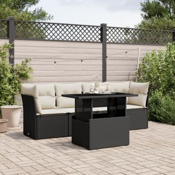 Set mobilier de grădină cu perne, 5 piese, negru, poliratan