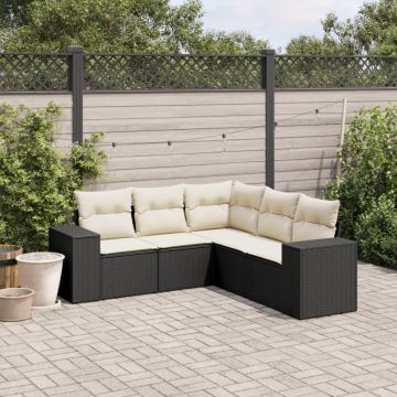 Set mobilier de grădină cu perne, 5 piese, negru, poliratan