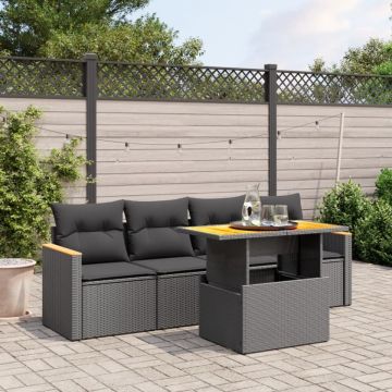 Set mobilier de grădină cu perne, 5 piese, negru, poliratan