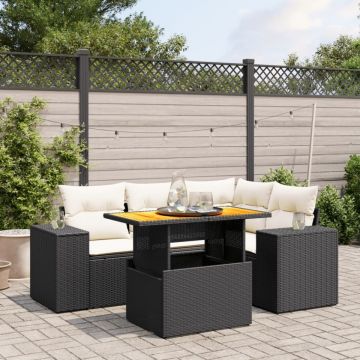 Set mobilier de grădină cu perne, 5 piese, negru, poliratan