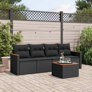 Set mobilier de grădină cu perne, 5 piese, negru, poliratan