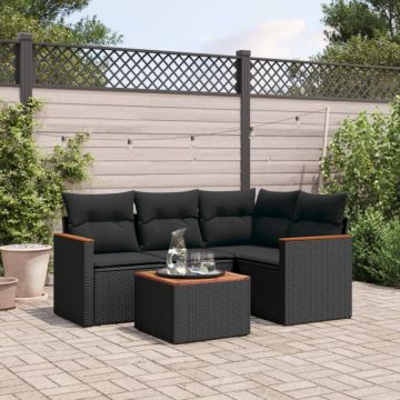 Set mobilier de grădină cu perne, 5 piese, negru, poliratan