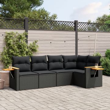 Set mobilier de grădină cu perne, 5 piese, negru, poliratan