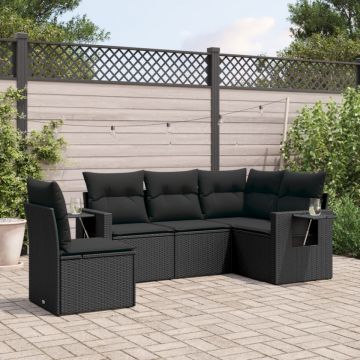 Set mobilier de grădină cu perne, 5 piese, negru, poliratan