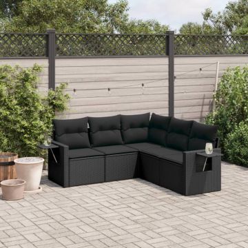 Set mobilier de grădină cu perne, 5 piese, negru, poliratan