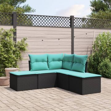 Set mobilier de grădină cu perne, 5 piese, negru, poliratan