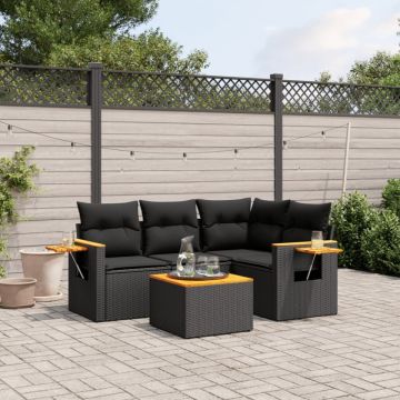 Set mobilier de grădină cu perne, 5 piese, negru, poliratan