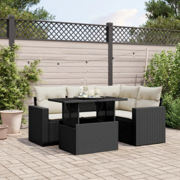 Set mobilier de grădină cu perne, 5 piese, negru, poliratan