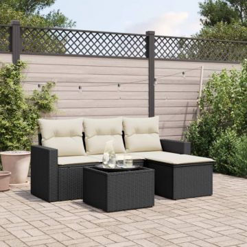 Set mobilier de grădină cu perne, 5 piese, negru, poliratan