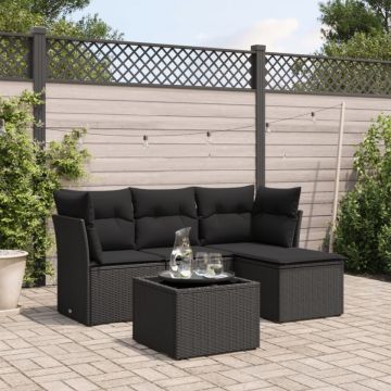 Set mobilier de grădină cu perne, 5 piese, negru, poliratan