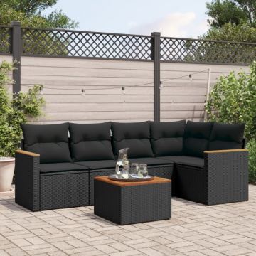 Set mobilier de grădină cu perne, 6 piese, negru, poliratan