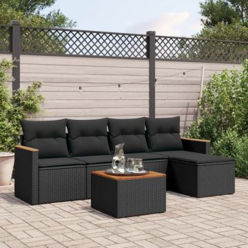 Set mobilier de grădină cu perne, 6 piese, negru, poliratan