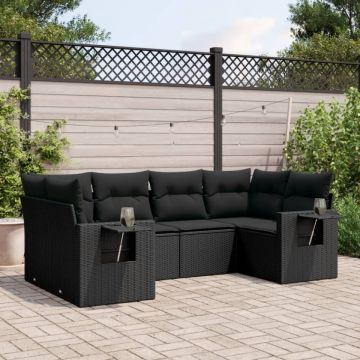 Set mobilier de grădină cu perne, 6 piese, negru, poliratan