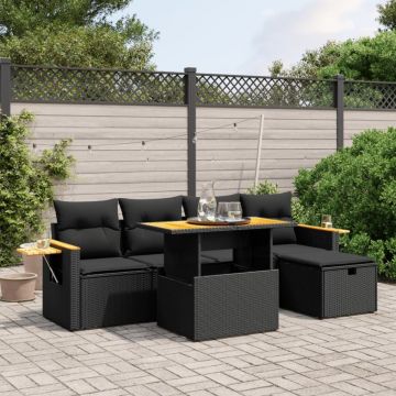 Set mobilier de grădină cu perne, 6 piese, negru, poliratan