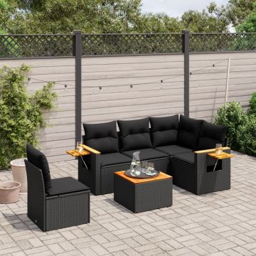 Set mobilier de grădină cu perne, 6 piese, negru, poliratan