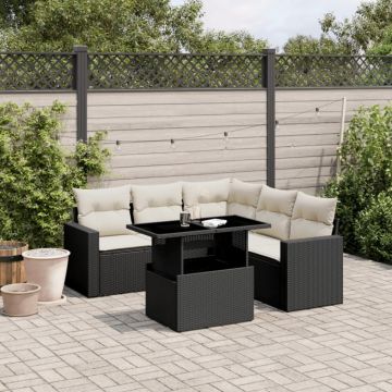 Set mobilier de grădină cu perne, 6 piese, negru, poliratan