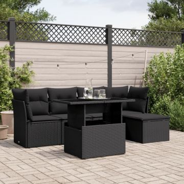 Set mobilier de grădină cu perne, 6 piese, negru, poliratan