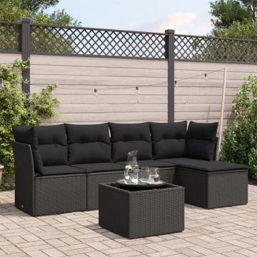 Set mobilier de grădină cu perne, 6 piese, negru, poliratan