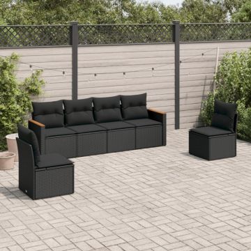 Set mobilier de grădină cu perne, 6 piese, negru, poliratan