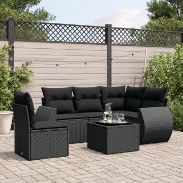 Set mobilier de grădină cu perne, 6 piese, negru, poliratan