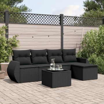 Set mobilier de grădină cu perne, 6 piese, negru, poliratan