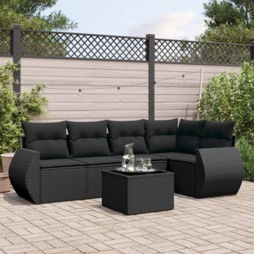 Set mobilier de grădină cu perne, 6 piese, negru, poliratan