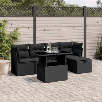 Set mobilier de grădină cu perne, 6 piese, negru, poliratan