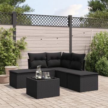 Set mobilier de grădină cu perne, 6 piese, negru, poliratan