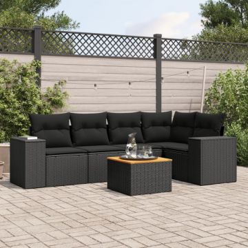 Set mobilier de grădină cu perne, 6 piese, negru, poliratan