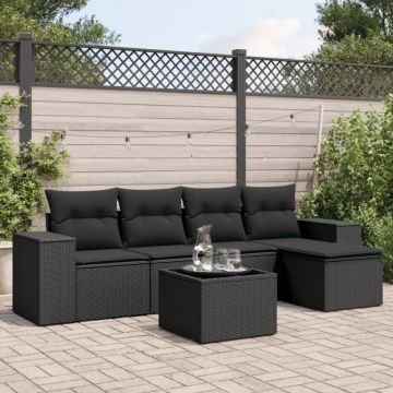 Set mobilier de grădină cu perne, 6 piese, negru, poliratan