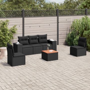 Set mobilier de grădină cu perne, 6 piese, negru, poliratan