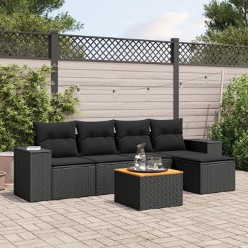 Set mobilier de grădină cu perne, 6 piese, negru, poliratan