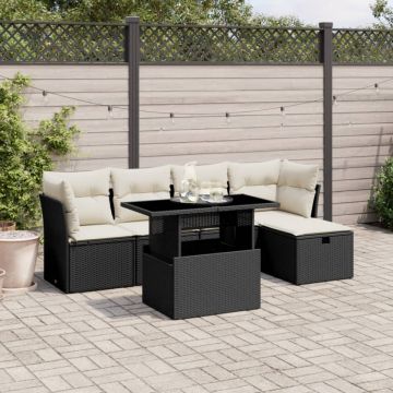 Set mobilier de grădină cu perne, 6 piese, negru, poliratan