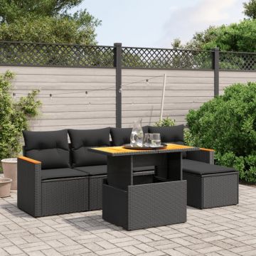 Set mobilier de grădină cu perne, 6 piese, negru, poliratan