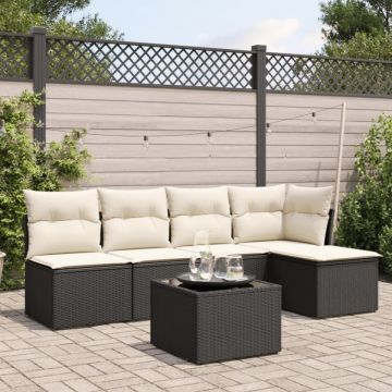 Set mobilier de grădină cu perne, 6 piese, negru, poliratan