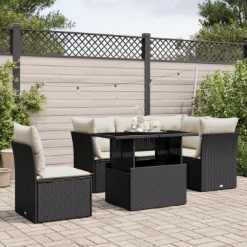 Set mobilier de grădină cu perne, 6 piese, negru, poliratan