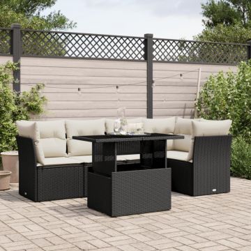 Set mobilier de grădină cu perne, 6 piese, negru, poliratan