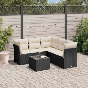 Set mobilier de grădină cu perne, 6 piese, negru, poliratan